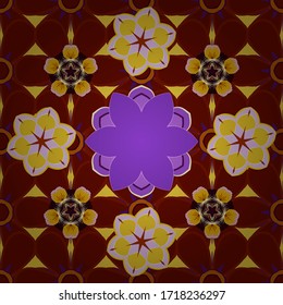 Intersecting curved elegant stylized leaves and scrolls forming abstract floral ornament in Arabic style. Arabesque. Vintage abstract vector floral seamless pattern in red, yellow and violet colors.