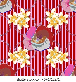 Intersecting curved elegant stylized leaves and scrolls forming abstract floral ornament in Arabic style. Arabesque. Vintage abstract vector floral seamless pattern on a red background.