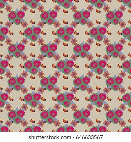 Intersecting curved elegant stylized leaves and scrolls forming abstract floral ornament in Arabic style. Arabesque. Vintage abstract vector floral seamless pattern in pink, blue and orange colors.