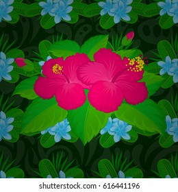 Intersecting curved elegant stylized magenta hibiscus and blue plumeria flowers, leaves and scrolls forming floral ornament. Vintage abstract vector floral seamless pattern on a green background.