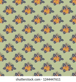 Intersecting curved elegant stylized plumeria flowers, leaves and scrolls forming abstract floral ornament. Vintage abstract vector floral seamless pattern in orange, violet and blue colors.