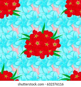 Intersecting curved elegant stylized plumeria and primula flowers, leaves and scrolls forming floral ornament in Arabic style. Vintage abstract vector floral seamless pattern on a pink background.