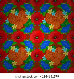 Intersecting curved elegant stylized poppy flowers, leaves and scrolls forming floral ornament in Arabic style. Arabesque. Vintage vector floral seamless pattern in green, red and orange colors.