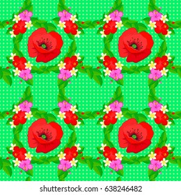 Intersecting curved elegant stylized poppy flowers, leaves and scrolls forming abstract floral ornament in Arabic style. Arabesque. Vintage vector floral seamless pattern on a green background.