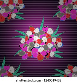 Intersecting curved elegant stylized primula flowers, leaves and scrolls forming abstract floral ornament. Vintage abstract vector floral seamless pattern in purple, violet, red and green colors.