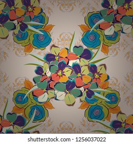 Intersecting curved elegant stylized primula flowers, leaves and scrolls forming floral ornament in Arabic style. Vintage abstract vector floral seamless pattern in blue, beige and green colors.