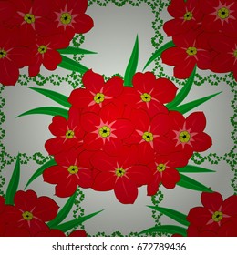 Intersecting curved elegant stylized red primula flowers, leaves and scrolls forming floral ornament in Arabic style. Arabesque. Vintage abstract vector floral seamless pattern on a beige background.