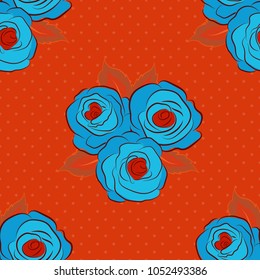 Intersecting curved elegant stylized rose flowers, leaves and scrolls forming abstract floral ornament. Vintage abstract vector floral seamless pattern in orange, blue and red colors.