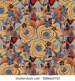 Intersecting curved elegant stylized rose flowers, leaves and scrolls forming abstract floral ornament. Vintage abstract vector floral seamless pattern in gray and beige colors.