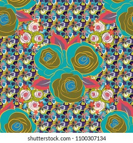 Intersecting curved elegant stylized rose flowers, leaves and scrolls forming abstract floral ornament. Vintage abstract vector floral seamless pattern in yellow, brown and blue colors.