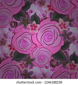 Intersecting curved elegant stylized rose flowers, leaves and scrolls forming abstract floral ornament in vintage style. Vintage abstract vector floral seamless pattern in gray, pink and red colors.