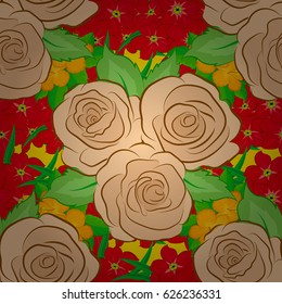 Intersecting curved elegant stylized rose flowers, green leaves and scrolls forming abstract floral ornament in Arabic style. Vintage abstract vector seamless pattern on a yellow background.