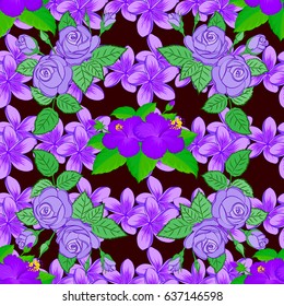 Intersecting curved elegant stylized rose flowers, green leaves and scrolls forming abstract floral ornament in Arabic style. Vintage abstract vector floral seamless pattern on a brown background.