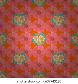 Intersecting curved elegant stylized rose flowers, green leaves and scrolls forming abstract floral ornament in Arabic style. Vintage abstract vector floral seamless pattern on a orange background.