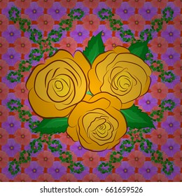 Intersecting curved elegant stylized rose flowers, green leaves and scrolls forming abstract ornament in Arabic style. Vintage abstract vector floral seamless pattern on a orange background.