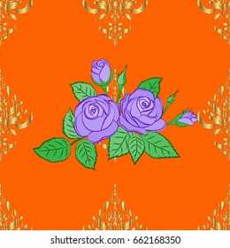 Intersecting curved elegant stylized rose flowers, green leaves and scrolls forming abstract golden ornament in Arabic style. Vintage abstract vector floral seamless pattern on a orange background.