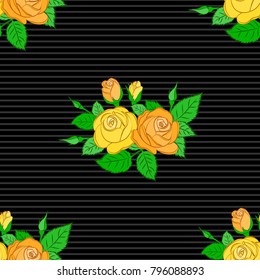 Intersecting curved elegant stylized rose flowers, green leaves and scrolls forming abstract floral ornament. Vintage abstract vector floral seamless pattern in black, gray and green colors.