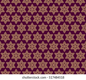 Intersecting curved lines and scrolls. seamless flower pattern. vector illustration. gold on violet. for design invitation, textile, wallpaper. modern Arabesque.