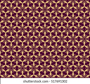 Intersecting curved lines and scrolls. seamless flower pattern. vector illustration. gold on violet. for design invitation, textile, wallpaper. modern Arabesque.