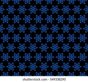 Intersecting curved lines and scrolls. seamless flower pattern. vector illustration. blue on black. for design invitation, textile, wallpaper. modern Arabesque.