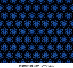 Intersecting curved lines and scrolls. seamless flower pattern. vector illustration. blue on black. for design invitation, textile, wallpaper. modern Arabesque.