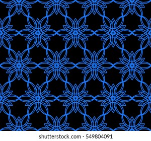 Intersecting curved lines and scrolls. seamless flower pattern. vector illustration. blue on black. for design invitation, textile, wallpaper. modern Arabesque.