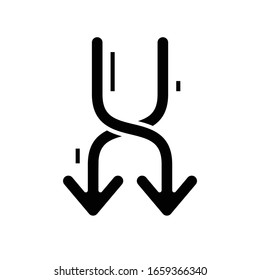 Icono negro de direcciones entrelazadas, ilustración conceptual, símbolo plano vectorial, signo de glifo.
