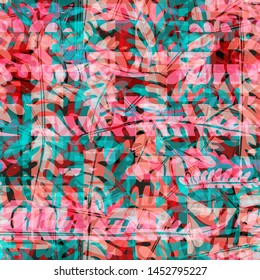 Intersecting fern and stripes. Plaid effect. Pink and blue colors. Abstract vector background for web page, banners backdrop, fabric, home decor, wrapping