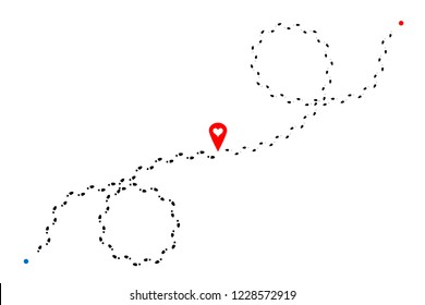 Intersecting footprints of man and woman and red map pin with heart in center of illustration. Vector design element