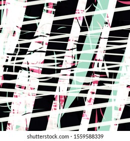 Intersecting light stripes on black backdrop. Dark and light seamless texture with green and pink color. Abstract vector background for web page, banners backdrop, fabric, home decor, wrapping