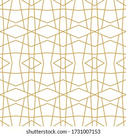 Intersecting lines art deco seamless geometric pattern. Gold white linear pattern. Wallpapers for your design with geometric shapes of thin lines intersections.