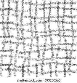 Intersecting lines of dashes that form a cage, cell on white background. Freehand drawing vector design. Black and white pattern, modern stylish texture
