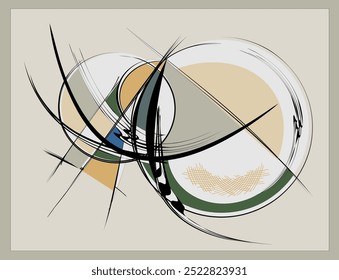 Intersecting lines and geometric shapes t against a neutral background. Bold black curves and soft colors like green, beige, and blue are prominently featured.