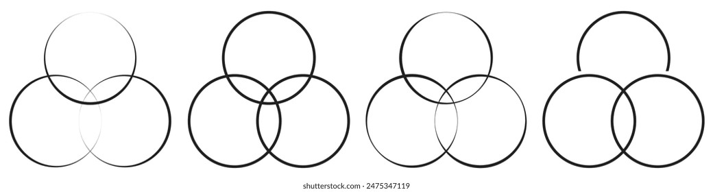 Intersección, superposición de círculos, elemento de anillos. Aislado sobre fondo blanco.