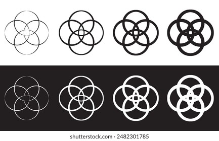 Intersecting, overlapping circles, rings element. Vector illustration. Isolated on white and black background.  EPS 10