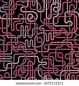 Intersecting pink lines on a black background. A tangle of tubes and pipes. Abstract geometric maze. Seamless repeating pattern. 