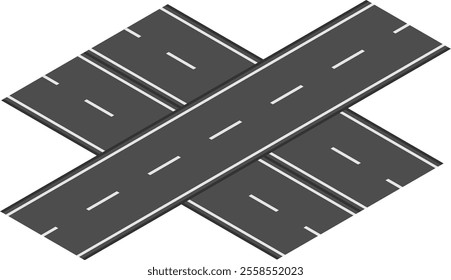 Intersecting roads forming a cross shape with white lane markings on dark asphalt, creating a simple representation of an intersection against a clean white backdrop