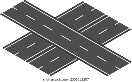 Intersecting roads forming an x shape with white lane markings on a clean white background, effectively representing intersection and transportation concepts