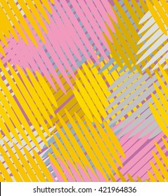 Intersecting straight line segments in yellow, pink, gray and white are a seamless pattern on a purple background.