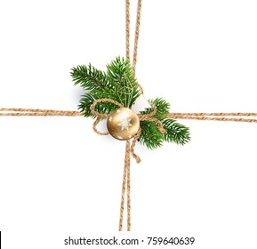 Intersecting strips of linen cords. Twine of rope for christmas decorations cards, packaging, background. Decoration of bouquet the Christmas tree branches and golden ball on top. Realistic vector.