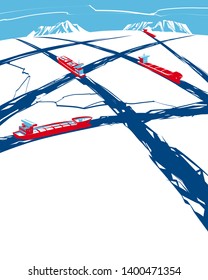 Intersecting waterways of cargo ships in a frozen sea