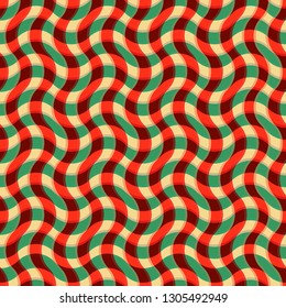 Intersecting wavy stripes. Green and red color. Plaid effect. Seamless texture