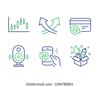Intersection arrows, Change card and 24h service line icons set. Speaker, Candlestick graph and Creativity signs. Exchange, Payment method, Call support. Music sound. Business set. Vector