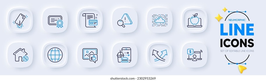 Intersection arrows, Cloud system and Online shopping line icons for web app. Pack of Certificate, Globe, Like photo pictogram icons. Payment card, Attention, Laptop signs. Neumorphic buttons. Vector