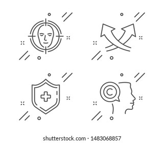 Intersection arrows, Medical shield and Face detect line icons set. Writer sign. Exchange, Medicine protection, Select target. Copyrighter. Science set. Line intersection arrows outline icon. Vector