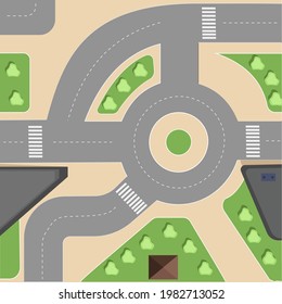 Intersection with circular roads and various distractions for driving directions, as well as buildings with shadows and plants along the road