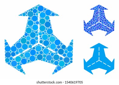 Intersection directions composition of circle elements in various sizes and color tones, based on intersection directions icon. Vector circle elements are composed into blue composition.