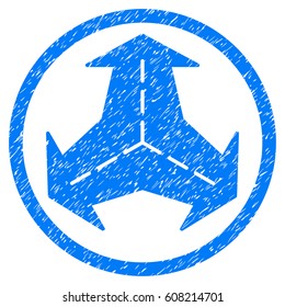 Intersection Directions grainy textured icon inside circle for overlay watermark stamps. Flat symbol with unclean texture.