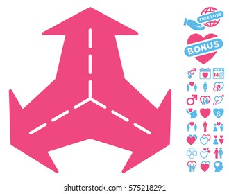 Intersection Directions icon with bonus passion pictograms. Vector illustration style is flat rounded iconic pink and blue symbols on white background.
