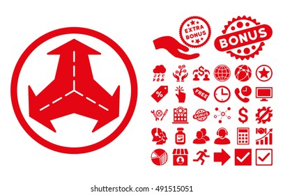 Intersection Directions icon with bonus pictogram. Vector illustration style is flat iconic symbols, red color, white background.